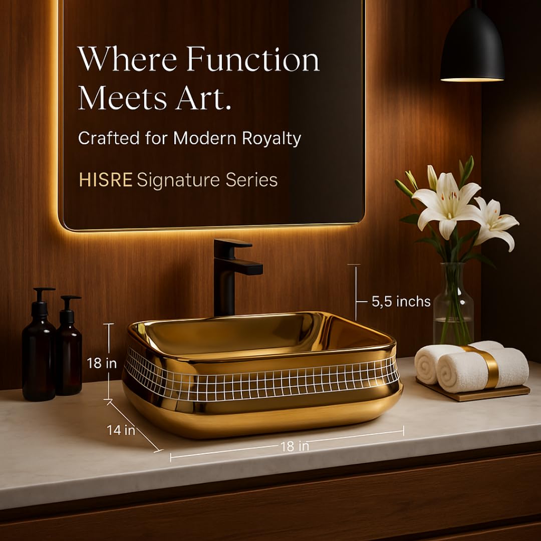 HISRE Table Top Wash Basin For Bathroom | Over Counter Top Wash Basin For Living Room | Washbasin Countertop | Tabletop Ceramic Bathroom Kitchen Sink (18 x 14 x 5.5 Inch) (SKTHI3502), photo 5 of 5