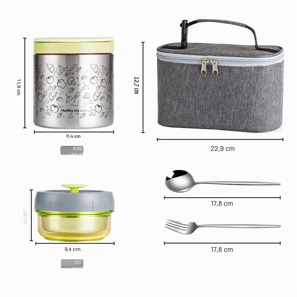 Lille Home Lunch Box Set 1065ml, Boîte à Bento/Snack Isotherme sous Vide pour Garder Les Aliments Au Chaud, avec 2 Récipients Alimentaires, Sac à Lunch, Ensemble de Couverts (Vert)