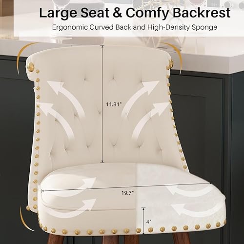 Miniatura 6 de Juego de 2 taburetes de bar de 24 pulgadas de altura de mostrador, taburetes giratorios con respaldo, taburetes tapizados de terciopelo para