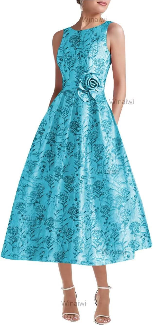 Satin Tea Length Mother of Bride Dress for Women Floral Print Elegant Formal Wedding Guest Dresses with Pockets