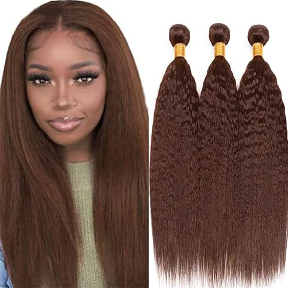 Extensions Echthaar Tressen Human Hair Bundles Yaki Wave Human Hair Bundles for Sew #4 Chocolate Brown Color Weft Extensions Echthaar for Women Minimal Smell Low Tangle 20 22 24 Inch
