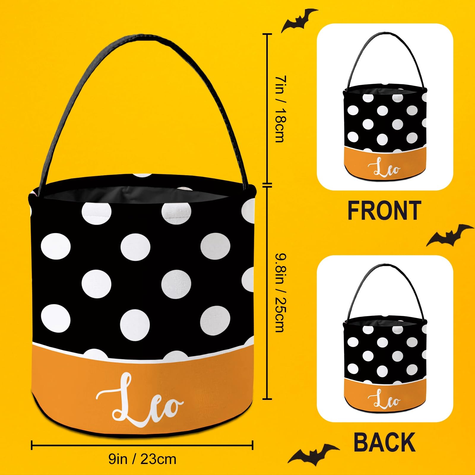 KafePross Personalized Halloween Trick or Treat Bag Customized Name Goody Bag Car Star Decor Orange Black Basket Candy Bucket 9 x 9.8 Inch Style 25