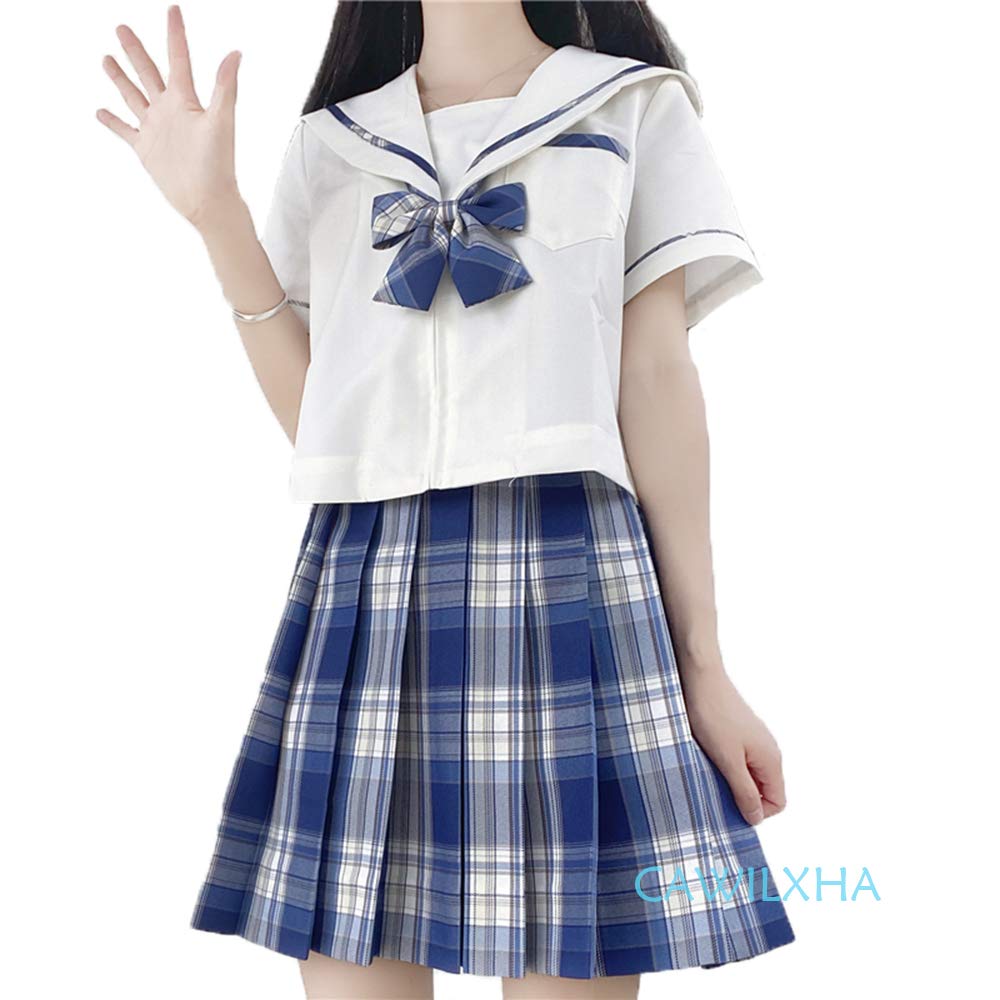 Amazon.co.jp: 【まるこの猫柳】ブルー セーラー服 半袖 チェック柄 