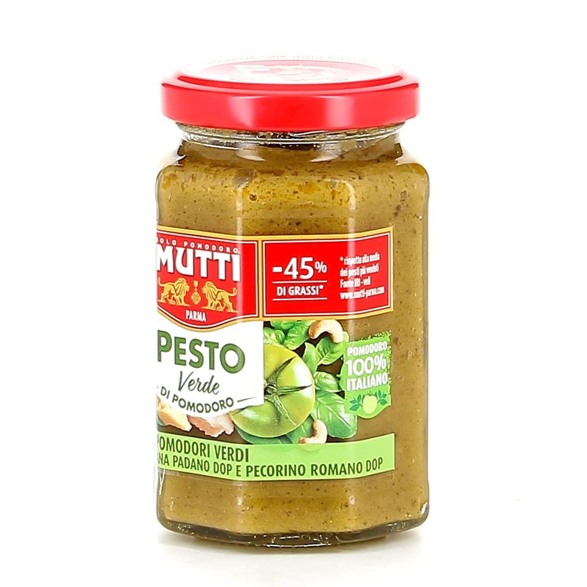 12x Mutti Pesto Verde Pomodori Verdi Grünes Tomatenpesto Pasta Sauce 100% italienische Tomate Glas 180g Würzsaucen mit Cashewnüssen, Grana Padano und Pecorino Romano