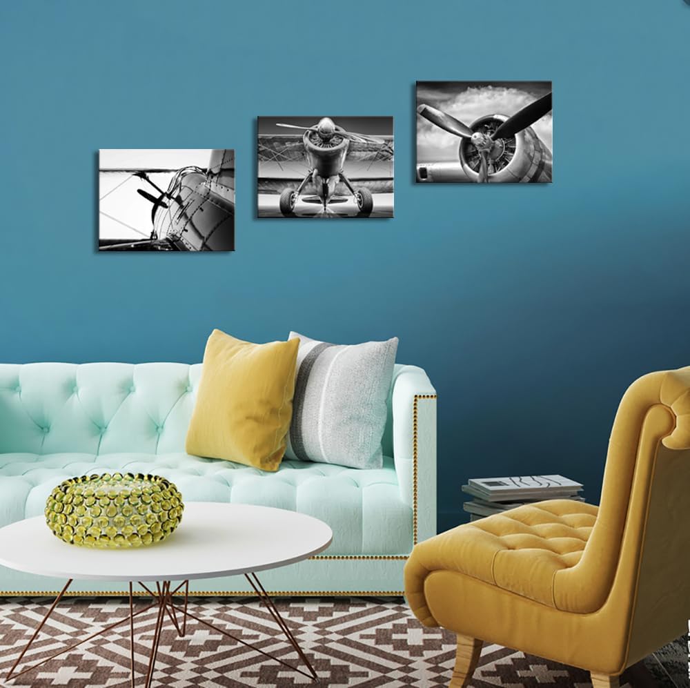 Derkymo Black and White Aircraft Art 3 Piece Old Plane Picture Wall Decor Retro Plane Picture Stretched and Framed Giclee Artwork for Home Decoration 12"x16"x3 Pieces