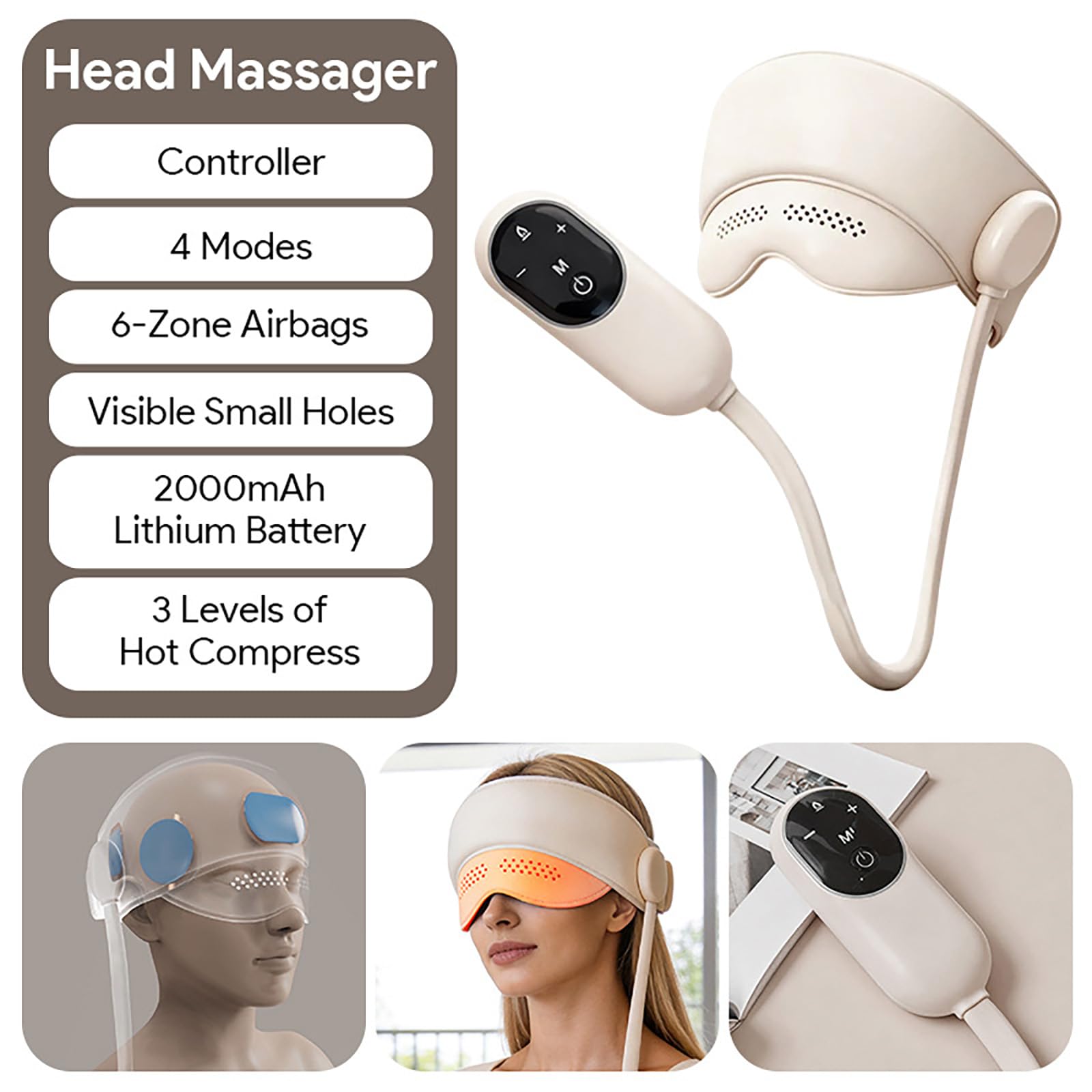 Masajeador de Cabeza Eléctrico, Masajeador Eléctrico para Aliviar la Migraña, Masajeador de Ojos y Cabeza con 6 Bolsas de aire y 3 modos de calor, Aliviar Dolor y Ansiedad (#1)