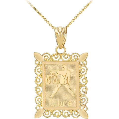 10K Yellow Gold Filigree-Style Rectangular Frame Zodiac Sign Pendant Necklace - Choice of Length and Zodiac Sign