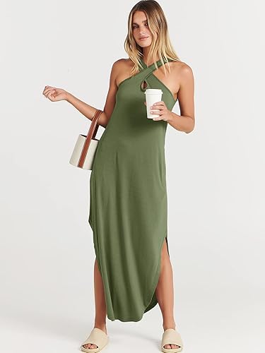 Miniatura 7 de ANRABESS Vestido largo casual de verano para mujer, con tirantes cruzados, sexy, abertura lateral, sin mangas, suelto, para playa, con bolsillos