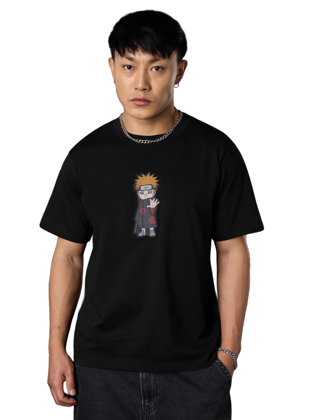 The Souled Store Naruto Shippuden Chibi Pain T-Shirt Herren Jungen Kurzarm Rundhals Schwarz Baumwolle Relaxed Fit Leicht Bequem für alle Jahreszeiten