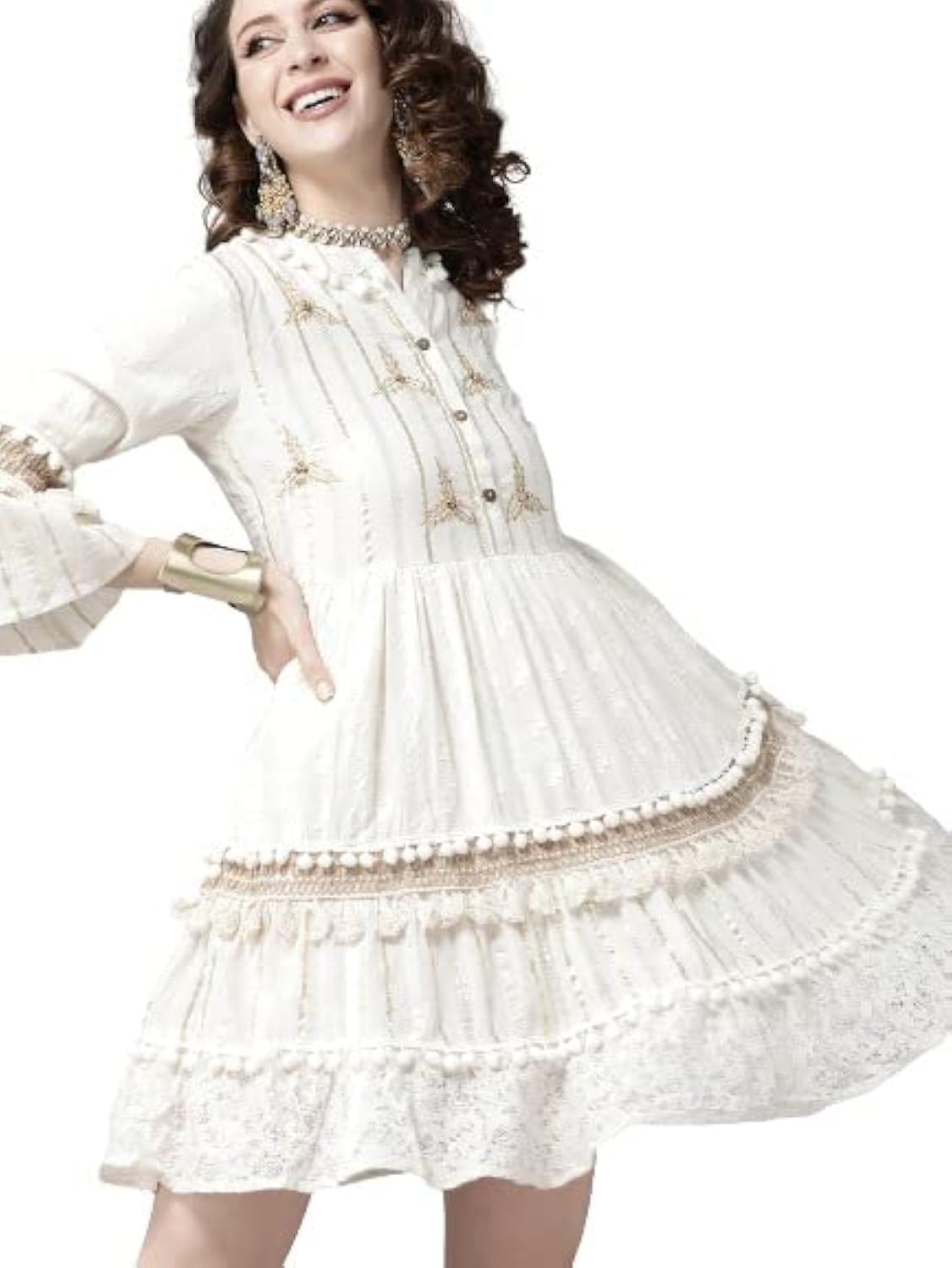 Ishin Women's Cotton Above Knee Length A-Line Indo Western Dress Topknm-12049_Xs_Off White & Golden