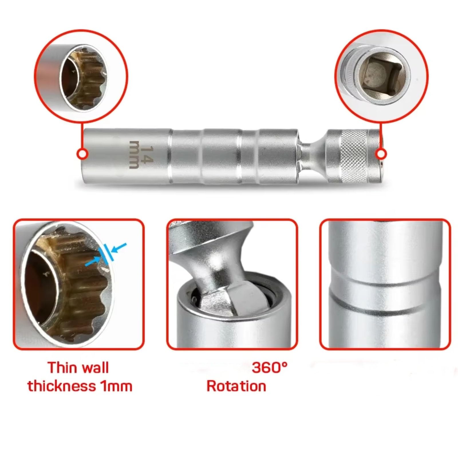 Juego De Adaptador De Llave Enchufe para Bujía Coche Junta Universal con Herramienta Reparación Pared Delgada Flexible Y Magnética Juego de Llave para Bujías