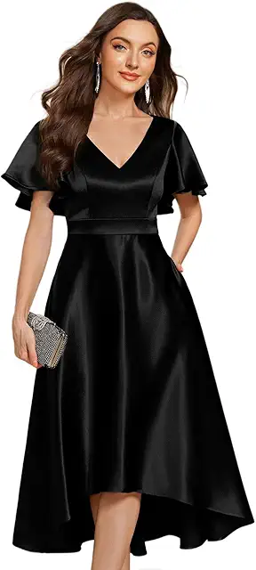 Robe Midi Satin Noir pour Invitée Mariage Col V High Low EG02335