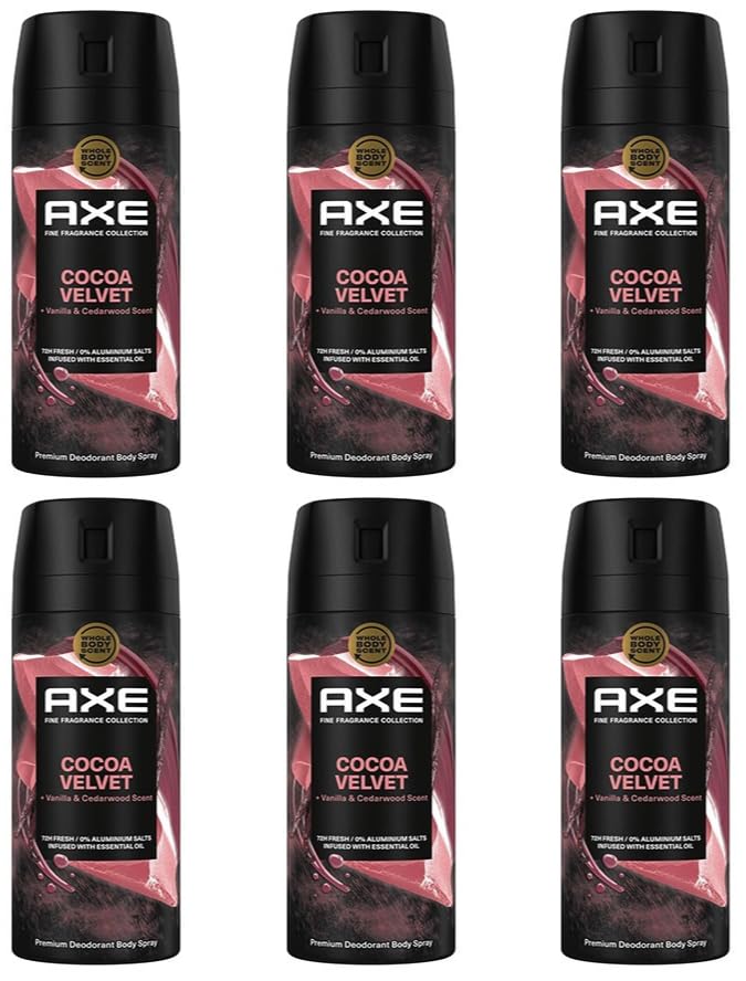 Axe Premium Cocoa Velvet 72H Fresh Bodyspray corporal sin sales de aluminio, protección contra la sudoración intensa y el olor corporal, Cocoa Velvet – Next Level Sweet, 150 ml (6 unidades)