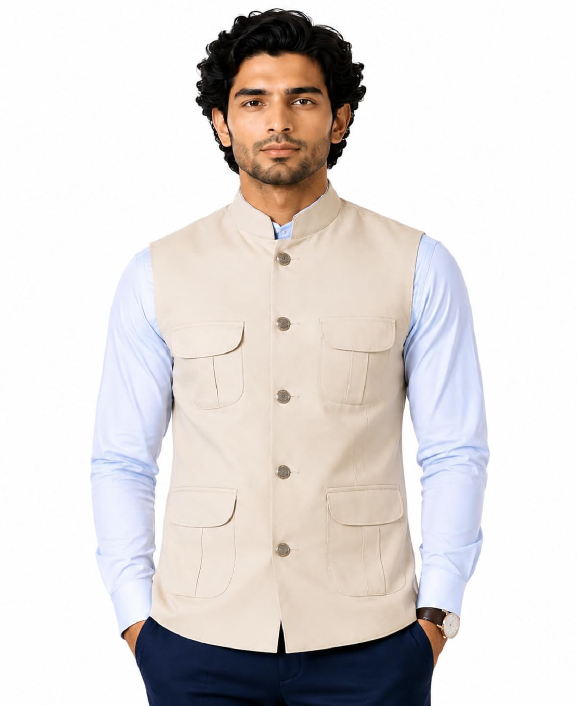 nature craft Men's Cotton Blend Nehru Jacket | Self Design Solid Slim Fit Waistcoat | Mandarin Collar | 4 Pocket Ethnic Jacket for Wedding, Festive, Party & Formal Wear-picture-1