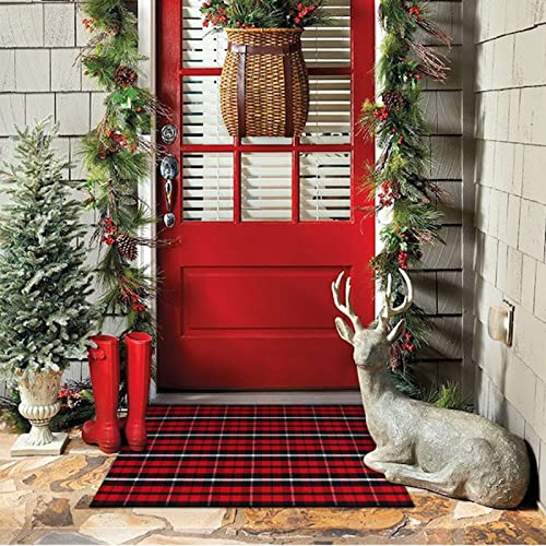 Leevan Cotton Buffalo Plaid Rugs 24” X 35” Checkered Gingham Christmas Rug Washable Woven Outdoor Porch Welcome Door Mat For Layered Kitchen Farmhouse Bathroom Entryway Throw Carpet, Black And Red #TOP1