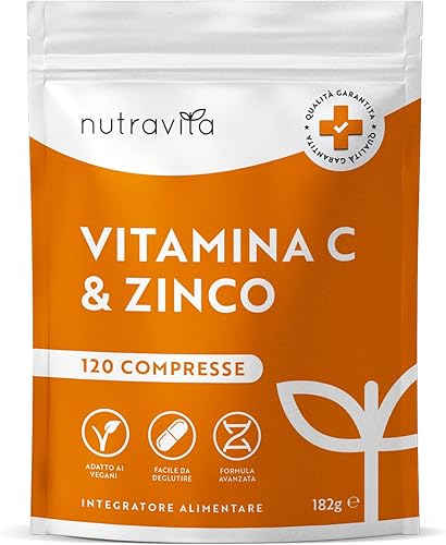 Nutravita Vitamina C Pura Alto Dossagio 1000mg + Zinco 15mg – 120 Compresse Vegane - Integratori Vitamina C Zinco ad Alta Resistenza - Sostiene il Sistema Immunitario, Pelle, Ossa, Unghie, Capelli Generico - integratore