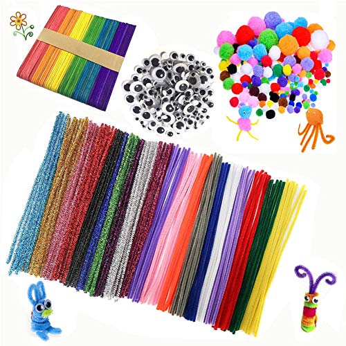 Pipe Cleaners Crafts Set, Limpiadores de Pipa ColoresChenilla Stem y Pompoms con Googly Wiggle Eyes y Craft Sticks para Craft DIY Art Supplies