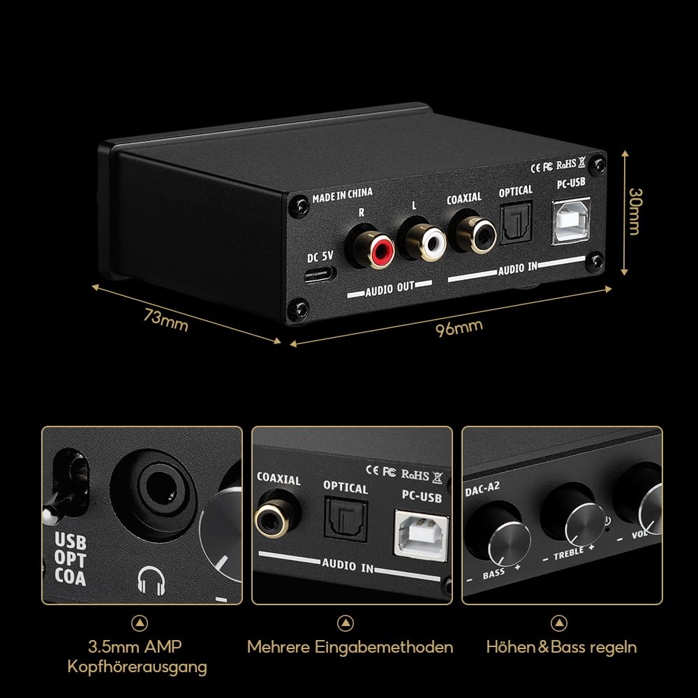 AIYIMA DAC A2 Kopfhörer-Verstärker DAC Konverter Mini Stereo Digital-zu-Analog DAC für PS5/PC/MAC Computer Desktop Game DAC Amp PC-USB/Coaxial/Optical zu 3.5mm AUX RCA Kopfhörer Ausgang 24Bits 192KHz