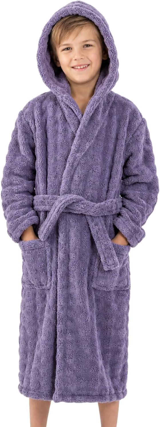 JiAmy Boys Girls Soft Fleece Robe Kids Bathrobe Gift Dark Purple 13-14 Years