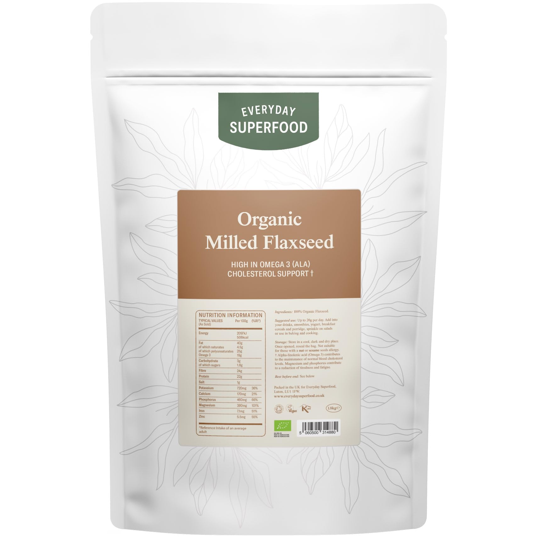 Everyday Superfood Organic Milled Flaxseed 1.8kg | Cold Ground linseed | Lab-tested for Retail Grade food safety compliance | Suitable for baking