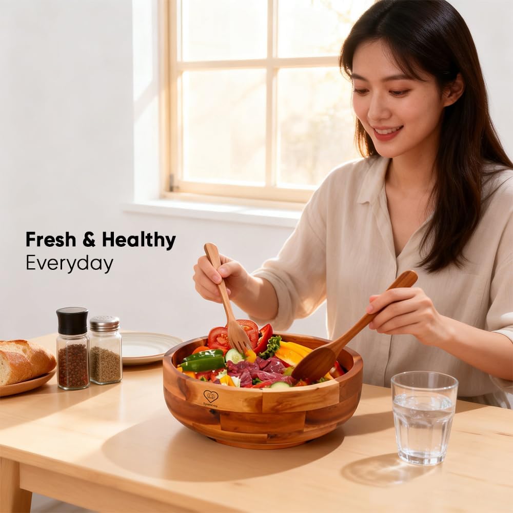 12" Acacia Wooden Salad Bowl Set with Serving Utensils, Large Salad Serving Bowl with 2 Wood Hands for Fruits, Salad & Pasta, Wooden Bowls Decorative