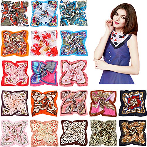 20 Pieces Women Satin Square Scarf Silk Feeling Hair Scarf Mixed Color Small Square Scarf Neck Head Scarf for Women Girls Favors, Random Color
