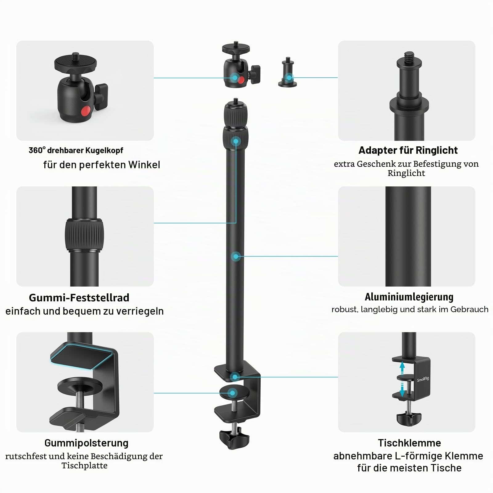 SMALLRIG Kamera Light Stand Tischstativ Lichtstativ mit 1/4"-20 Kugelkopf, 13"-35,4" verstellbares Tablet Halterung, Klemme für DSLR Kamera, Ringlicht, Live Streaming, Video Aufnahmen - 3488