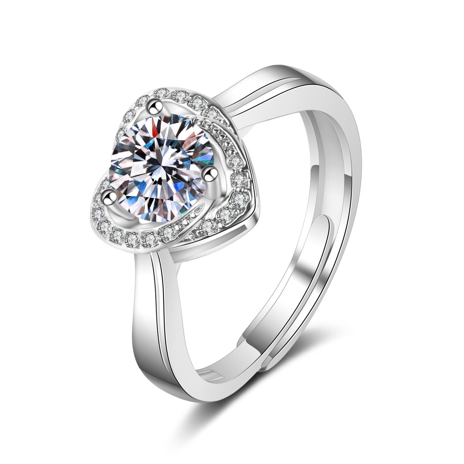 9 Karat Weißgold Ringe Moissanit Weiß, Ring Damen Herz