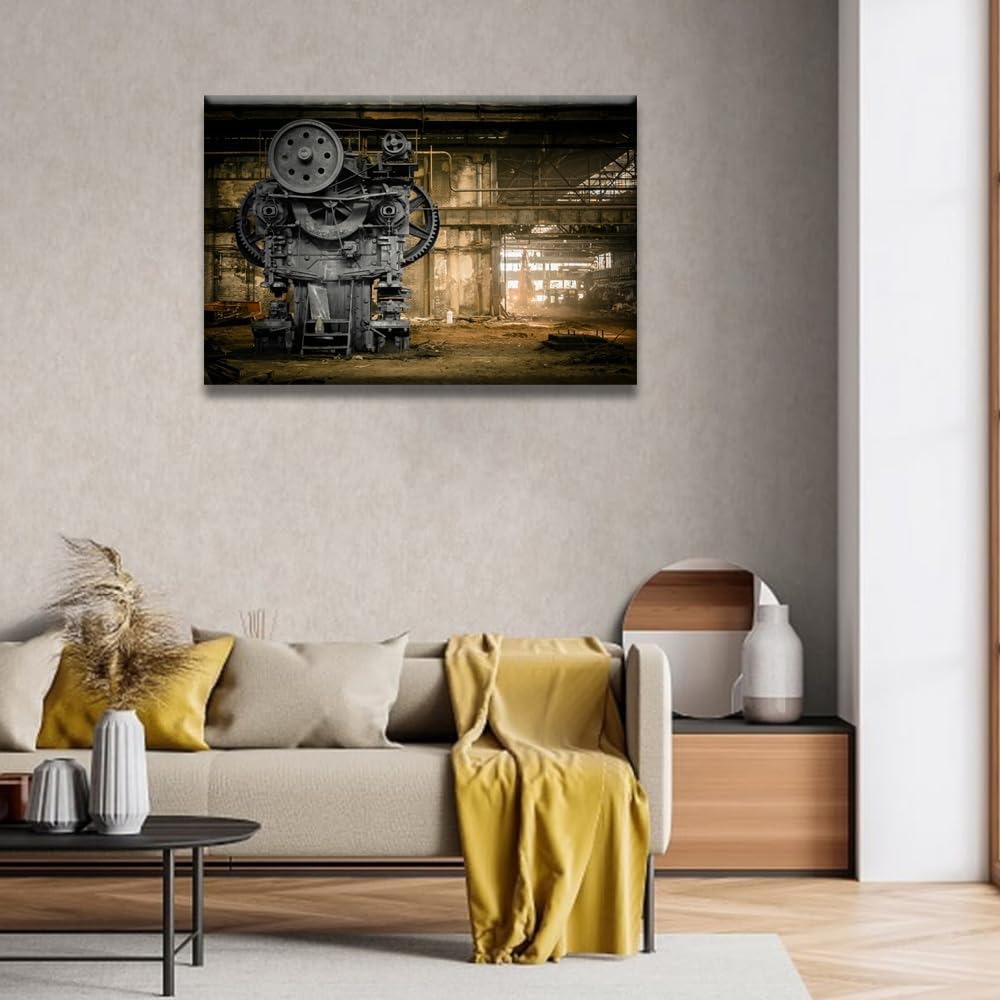 LSIUHWUWI Canvas Wall Art, Steampunk Abandoned Metallurgical Factory Wall Decor Living Room, Farmhouse Modern Wall Decoration for Bedroom, for Bathroom, Home Decor Print 24X36 INCH