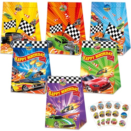24Pcs Hot Car Birthday Party Supplies Race Car Party Favor Bags with Stickers Colorful Racing Themed Paper Gift Goodie Bags Checkered Flag Race Theme Treat Candy Bag for Kids Boys Birthday Decorations