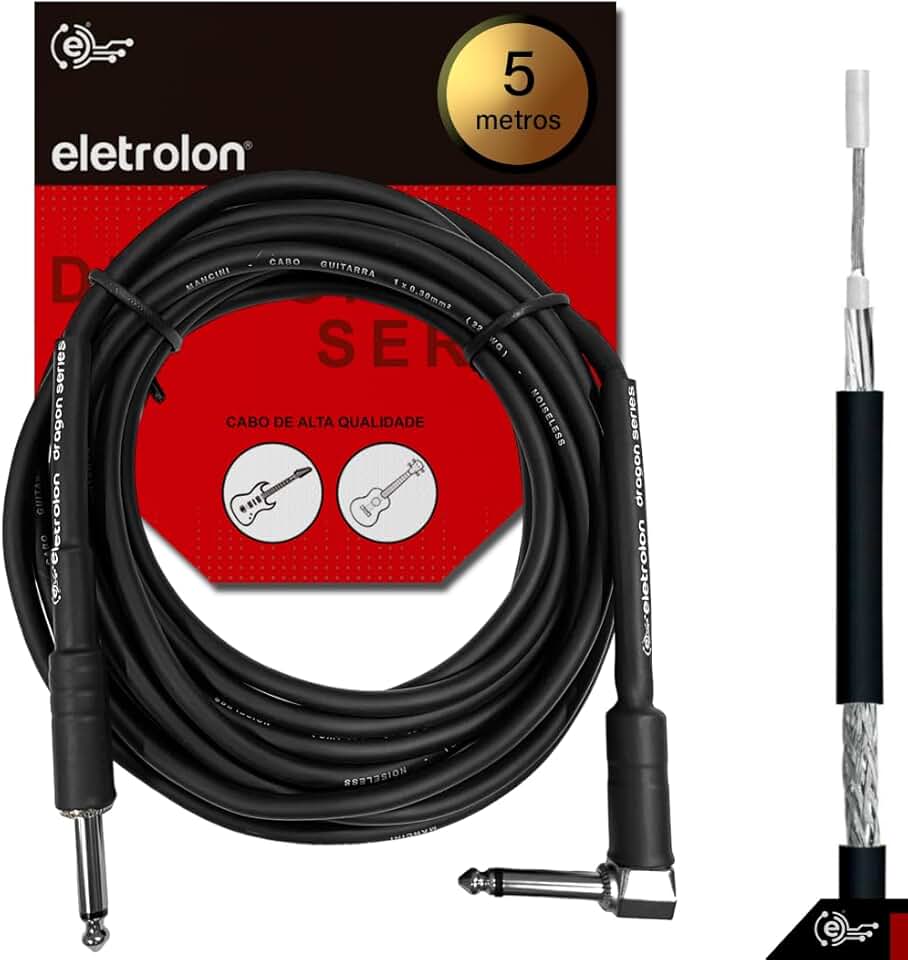 Cabo P10 ELETROLON Mono 90º Graus Violão Guitarra Baixo 5m Metros