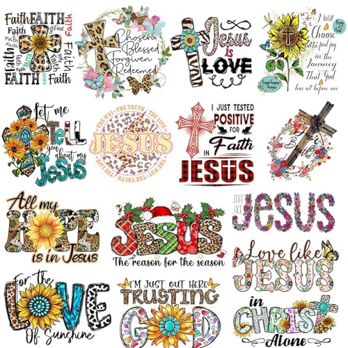 15PCS Jesus God Patches Iron on Transfer Stickers for Clothing Decorations Jesus God Love Letter Pattern Washable Iron on Appliques Heat Transfer Vinyl Decals for T-Shirt or Bags (15PCS)