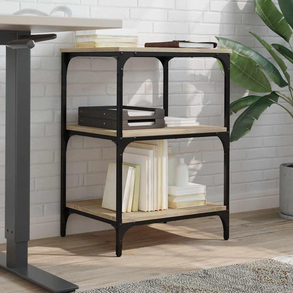 Supporto per stampante a 3 ripiani, in rovere Sonoma, 50 x 41 x 75 cm, con ruote, scaffale per stampante da ufficio in legno e telaio in acciaio, tavolo per stampante con 3 ripiani per