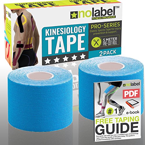 No Label Cinta Kinesiología Pre-Cortada Azul - Kinesiology Tape - Pre Cortada - KinesioTape Pre Cortada - Vendaje neuromuscular Pre-Cortada - Cinta kinesiológica - 7 Colores - 5 Metros - 2 x Azul