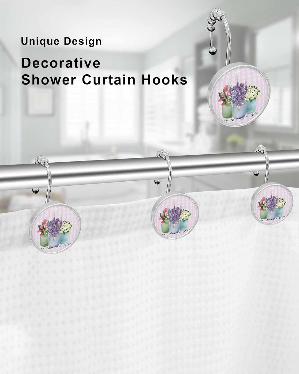 Shower Curtain Hooks 12 Pcs, Farmhouse Flower Floral Lavender Vase Pink Plaid Stainless Steel Rust Proof Rolling Shower Curtain Rings, Decorative Shower Curtain Hooks Hangers for Bathroom