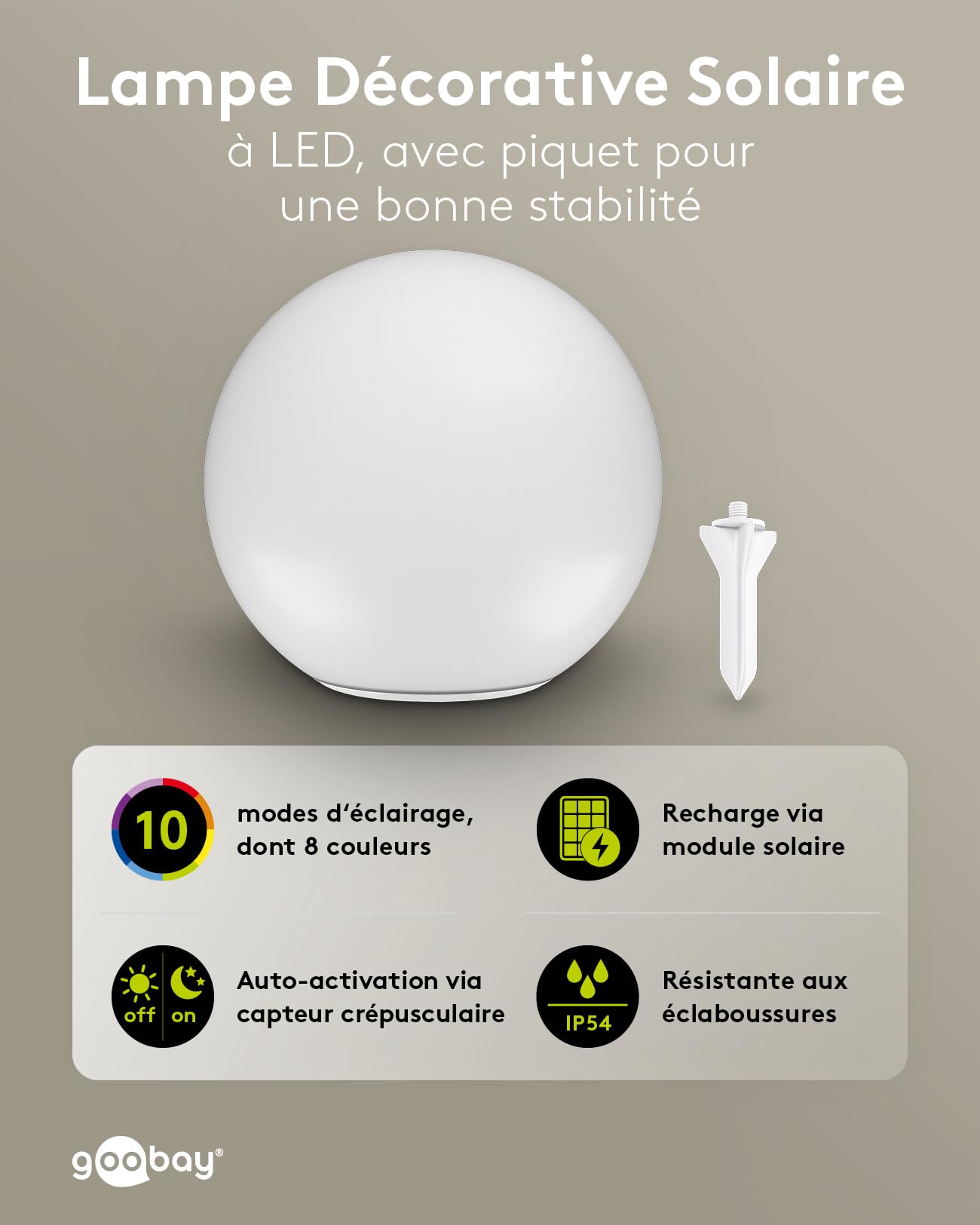 goobay LED Solar Ball 35 cm - Boule lumineuse RGB d'extérieur, résistante à l'hiver, étanche | Lampe solaire, lampe décorative pour terrasse, balcon, jardin, avec 10 modes d'éclairage et piquet