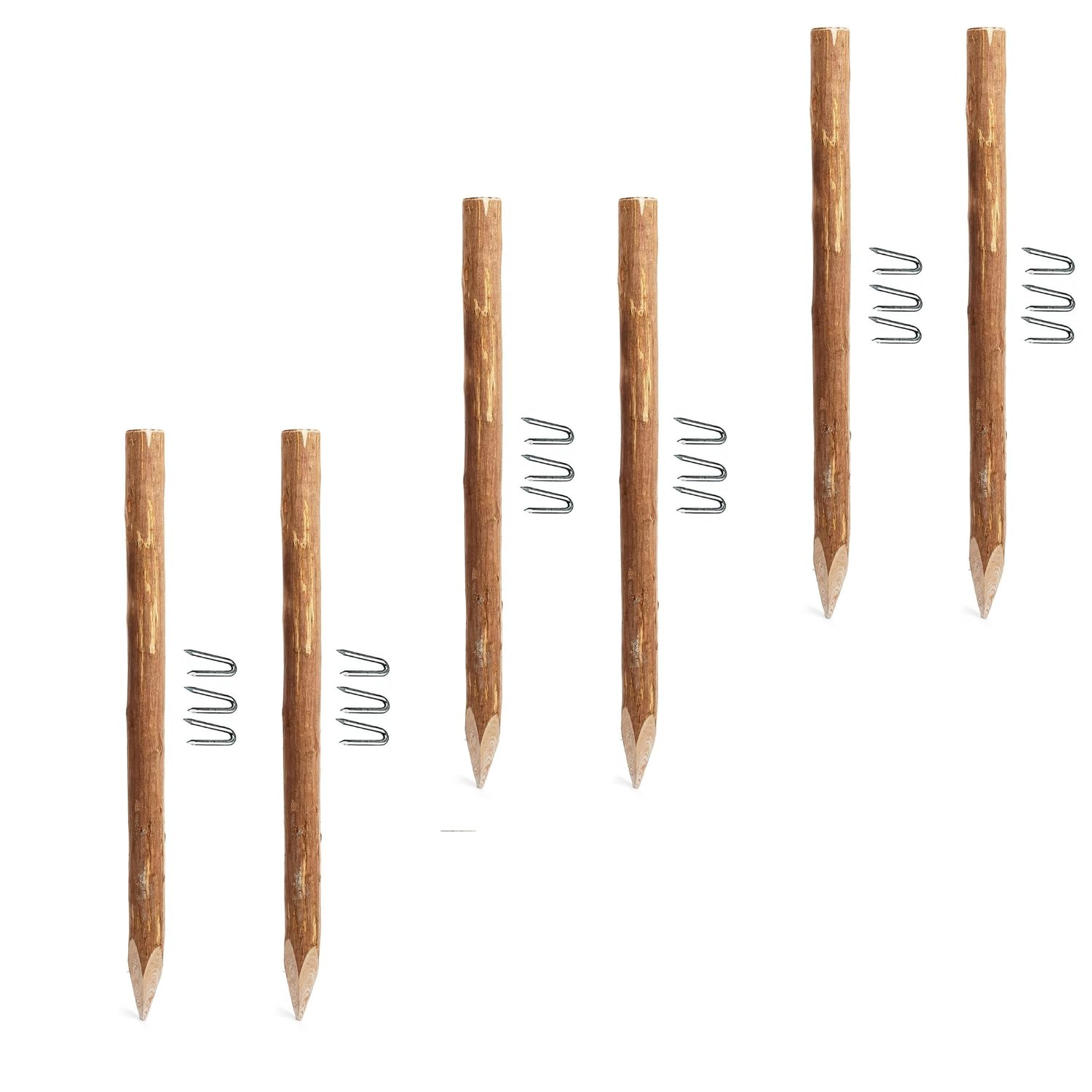 BOGATECO 6 x Haselnuss Staketenzaun Pfosten | Höhe 150 cm | Angespitzte Holz-Pfahl | 6-teiliges Set | Zaunpfosten Hozpflock Holzzaun Zaunpfähle Holzpfosten rund| Holzpfahl für Bauernzaun Gartenzaun
