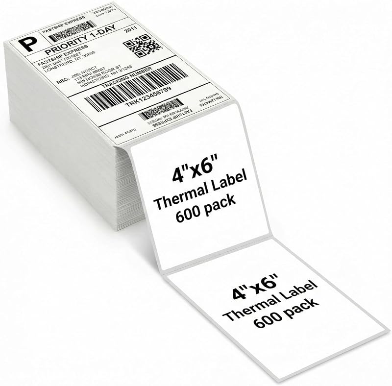 Thermal Direct Shipping Label - 4x6 Inches - 600 Sheets Fanfold Perforated 1 Stack - Waterproof - Compatible with Zebra Rollo Brother Printers - Commercial Grade
