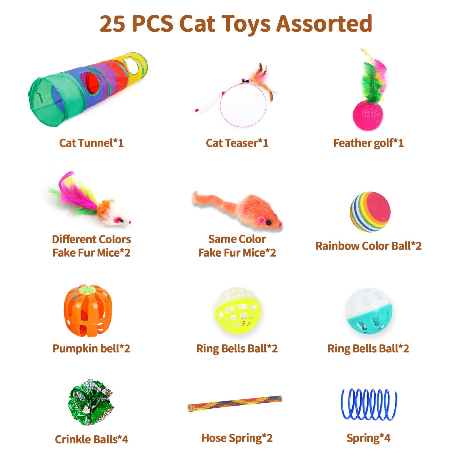 iCAGY Katzenspielzeug, Katzenspielzeug, 25 verschiedene Katzenspielzeuge, inklusive Knistertunnel, Ball, Zauberstab, Federmaus, Mäuse, Federsortiment, Set für Katzen, Kätzchen, Kaninchen, Welpen,