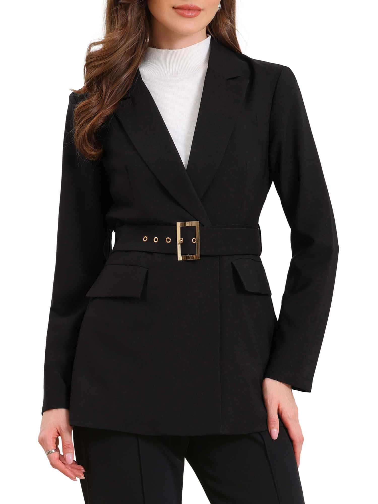 Allegra K Blazers for Women Business Casual Long Sleeve Office Work Belted Long Blazer Suit Jacket