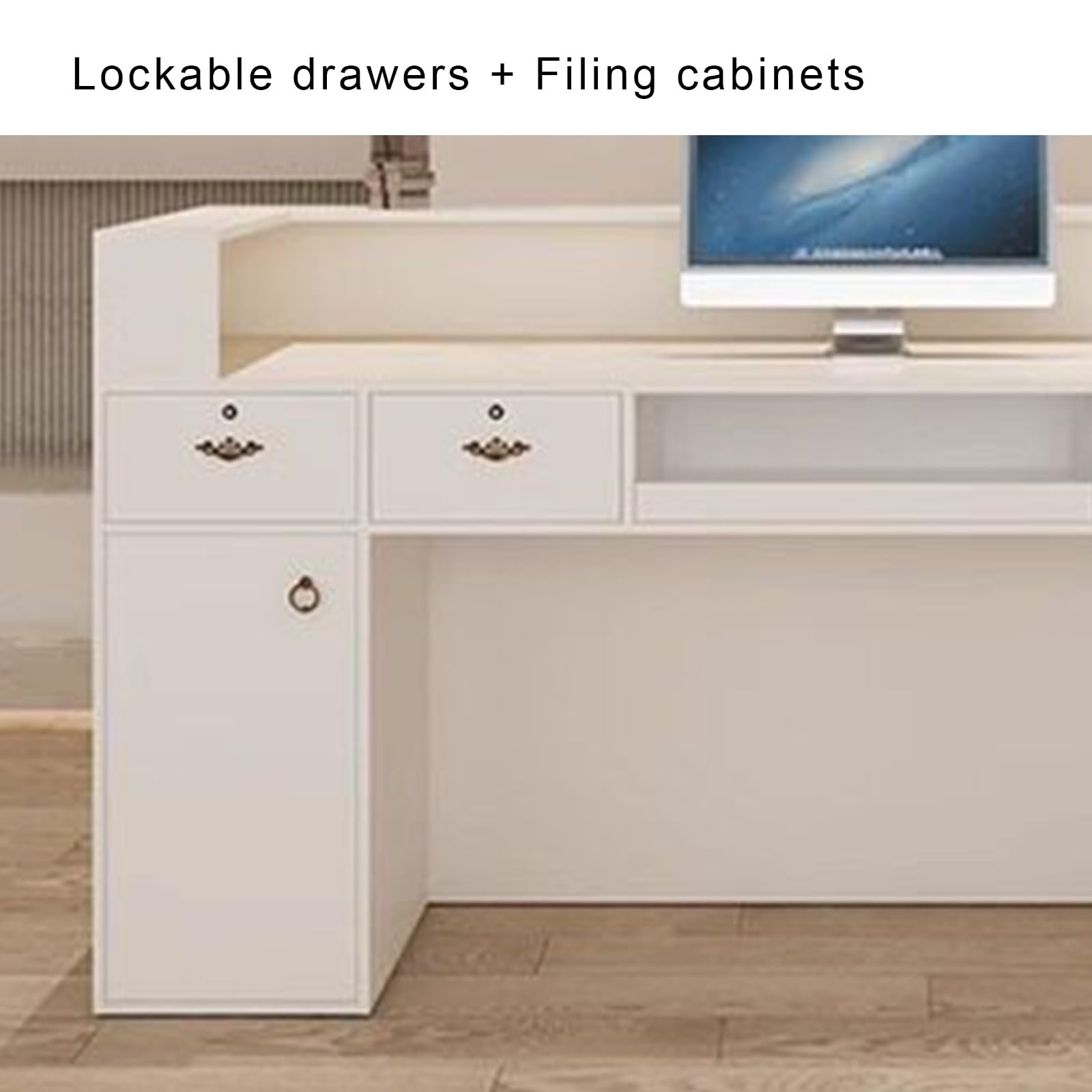 Banco Reception per Ufficio, Salone e Negozio | Pronto all'uso con piano rialzato, cassetto con serratura, ripiano tastiera e vano espositivo(Beige,150cm)