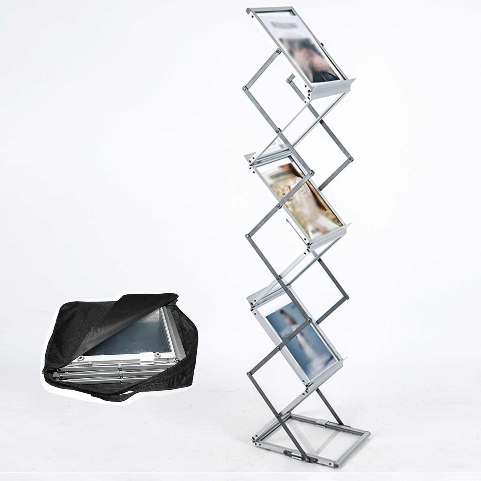 ASerZenith Document Rack Floor Stand, Foldable Aluminum Magazine Rack, 6 Pockets, Lightweight Catalog Rack for Living Room, Hotel, Exhibition