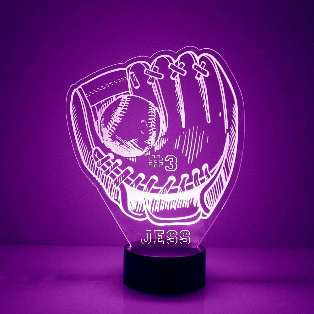 Baseball LED Night Light Lamps, Personalized with Your Name or Text, Remote Control, 16 Colors, 4 Light Mode, Ball and Mit Customized Gift Lighted Sign, USB Cord or Battery Power