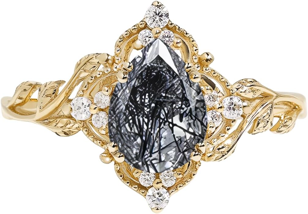 Engagement Rings for Women Pear Cut Gemstone Rings for Women 10K 14K 18K White Yellow Rose Gold Leaf Engagement Wedding Ring Anniversary Promise Ring