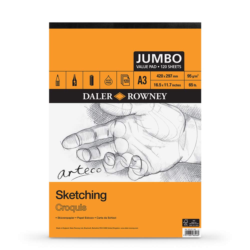 Daler-Rowney Arteco Sketching, Drawing & Painting A3 95gsm Medium Grain Paper Pad 120 sheets, For Professional Artists & Students