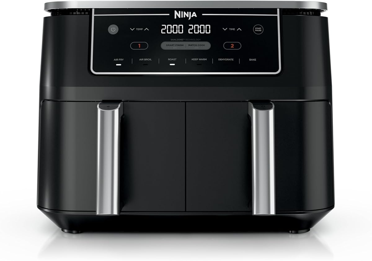 Freidora de aire Ninja Foodi, zona dual de 10 cuartos, 6 en 1, negra, DZ302 | Freír al aire, asar, asar, mantener caliente, deshidratar, hornear, cestas de 2x5 cuartos, se adapta a alitas de 8 libras