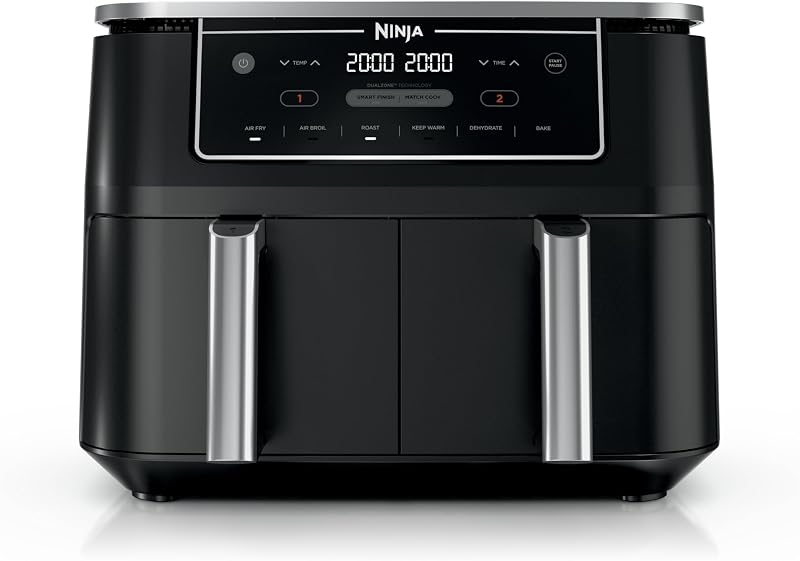 Freidora de aire Ninja Foodi, zona dual de 10 cuartos, 6 en 1, negra, DZ302 | Freír al aire, asar, asar, mantener caliente, deshidratar, hornear, cestas de 2x5 cuartos, se adapta a alitas de 8 libras