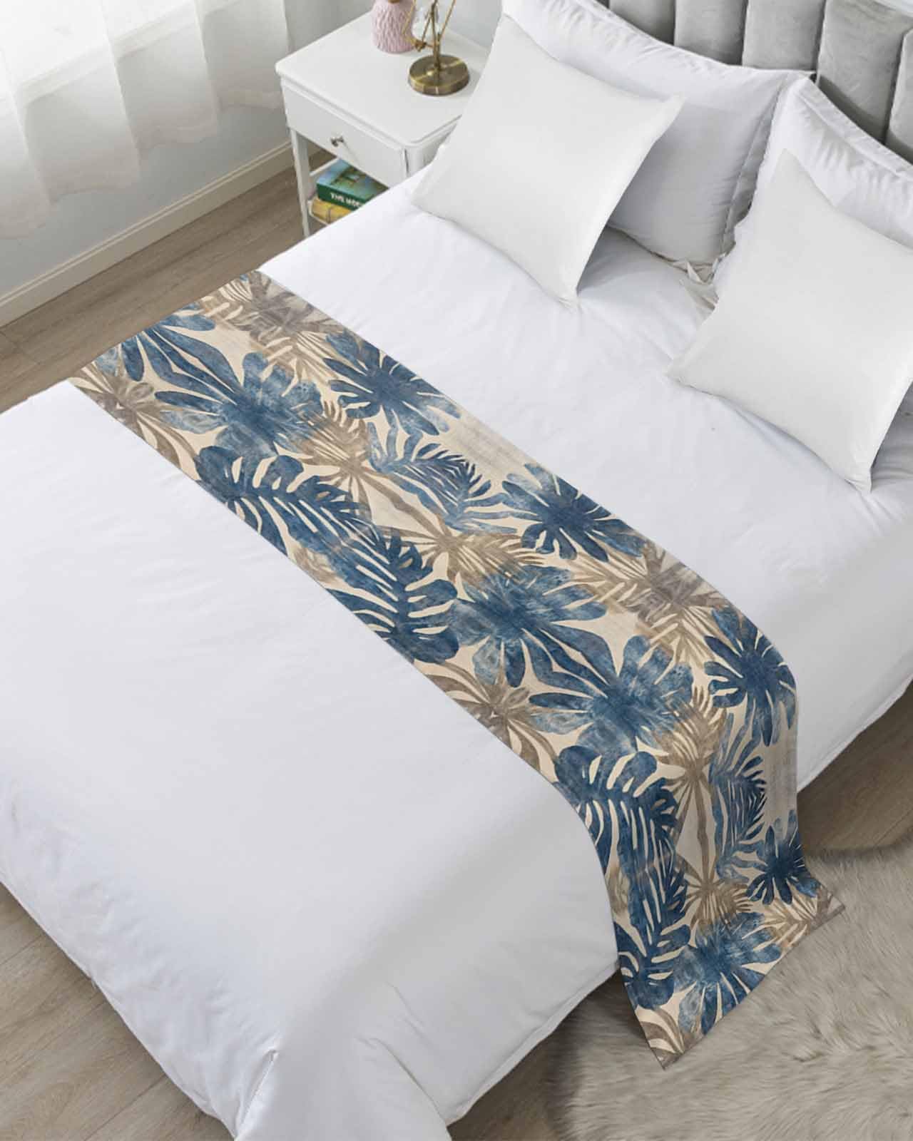 DecorLovee Blue Brown Palm Leaf Bed Runners for Queen Size Bed, Decorative Bed Throws for Foot of Bed, Summer Farmhouse Botanical Bed Runner Sofa Throw Bedding Scarf Protector Slipcover for Bedroom