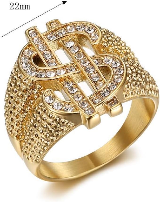 Fanshu Stainless Steel Gold Plated US Dollar Money Sign Iced Out Rich Symbol Hip Hop Punk Rings for Men Women Birthday Gift Bling Party Fashion Jewelry - Image 3