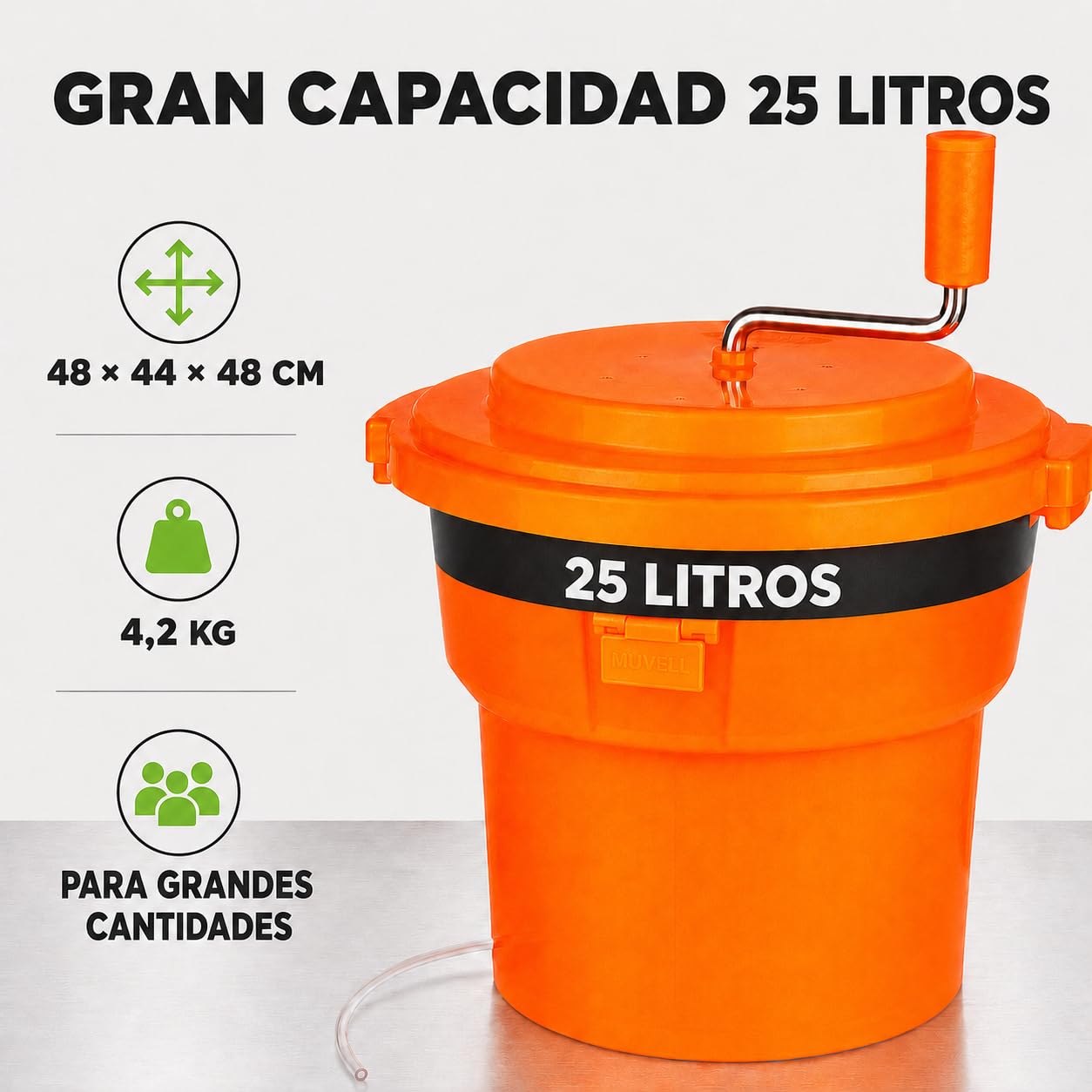 Centrífuga para Lechuga 25 litros, plástico Naranja, Ø 44 cm con Eje de transmisión Protegido, función de empaquetado y Manguera de desagüe, gastronomía, restaurantes escurridor de Ensalada